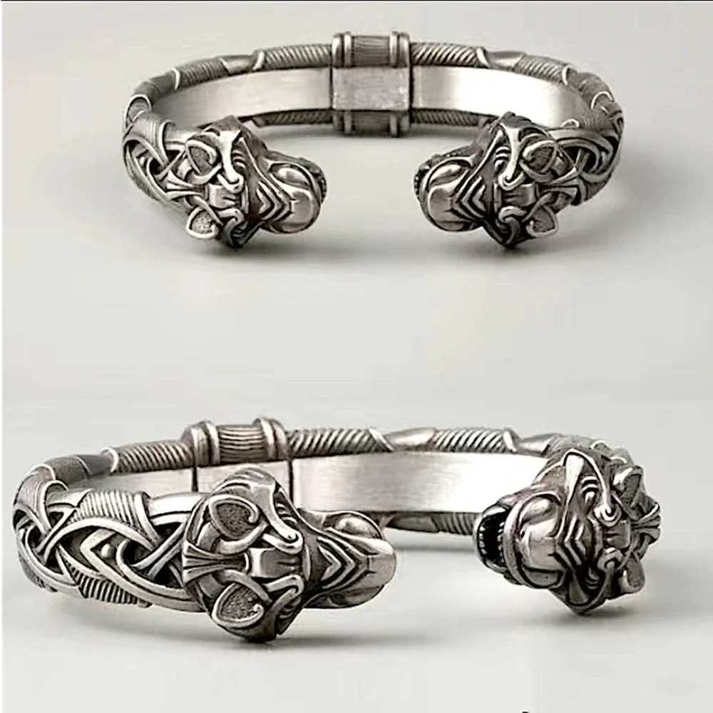 Silver Wolf Head Viking Norse Knotwork Cuff Bangle Bracelet